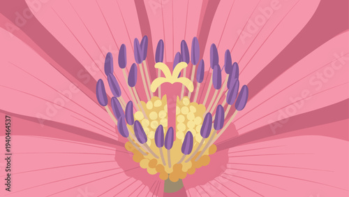 Close-up of a pink flower with detailed stamens and petals in a flat design style
