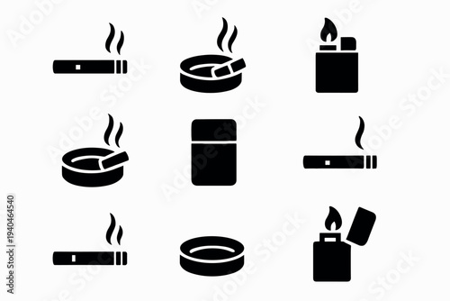 Silhouette icon set of cigarettes, ashtrays, and lighters