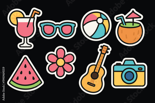 Colorful summer icons with beach day vibes on black background