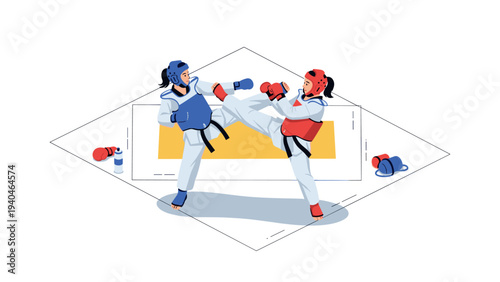 Dynamic taekwondo match with kicking action and protective gear in flat style