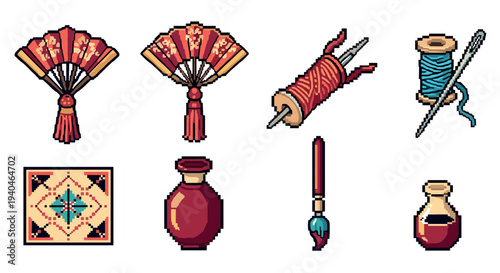 Pixel art craft elements: fans, yarn, needles, and traditional art supplies