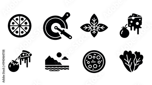 Pizza and italian cuisine icons: minimalist black silhouettes of pizza, cheese, herbs, and more