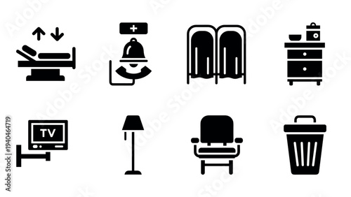 Minimalist hospital room icons including bed, bell, divider, and more