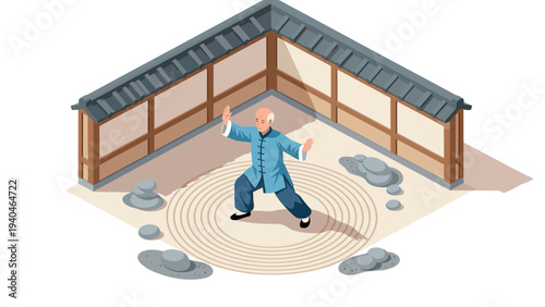 Isometric tai chi in traditional japanese garden setting