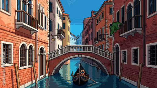 Retro pixel art canal with gondola and brick buildings
