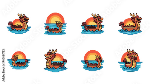 Pixel art dragon boats at sunset: eight unique retro designs