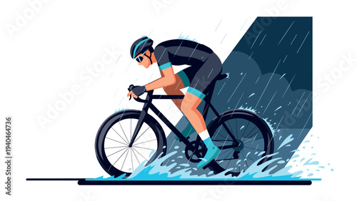 Cyclist riding through rainy weather on slick road with splashes and dark skies