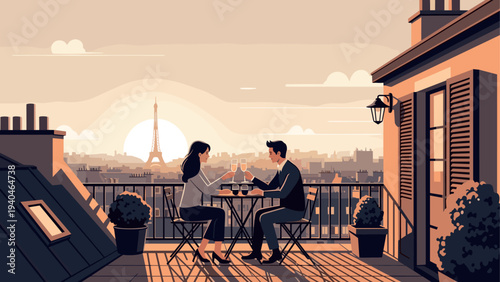 Romantic rooftop dinner with eiffel tower at sunset in paris
