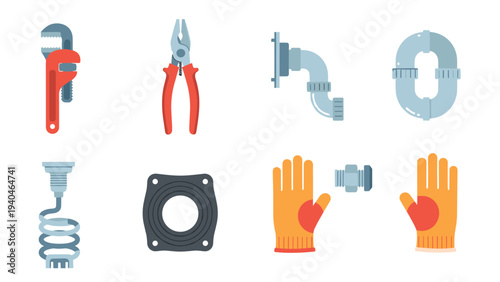 Set of plumbing tools and equipment in flat design: wrench, pliers, pipe, gloves
