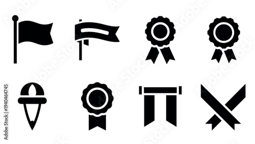 Bold silhouette icons of flags and awards for achievement and events