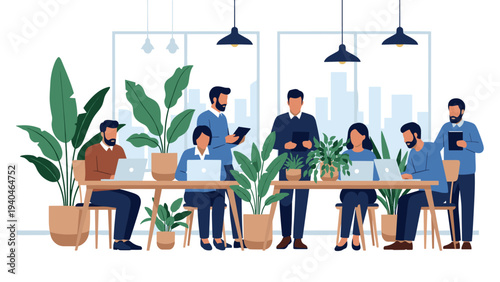 Modern office team working with laptops and tablets in a green environment