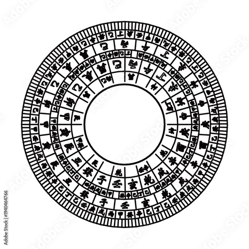 Traditional Bagua eight trigrams diagram with Five Elements symbols, ornate Chinese Feng Shui vector illustration. Five Elements symbols (metal, wood, water, fire, earth) 
