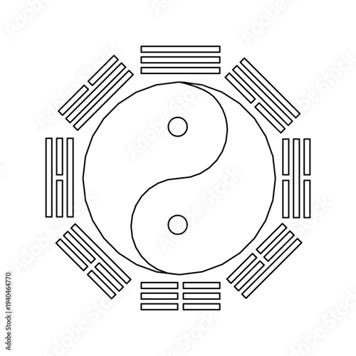 Traditional Bagua eight trigrams diagram with Five Elements symbols, ornate Chinese Feng Shui vector illustration. Five Elements symbols (metal, wood, water, fire, earth) 