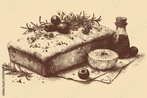 Focaccia bread illustration in a vintage style. This vector illustration can be used in any size you like for advertising, logos, and other work.