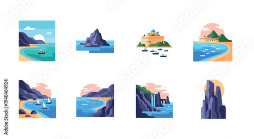 Coastal landscapes collection featuring iconic seaside views and nautical themes in a flat minimalist style