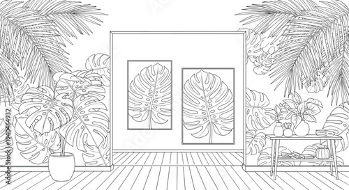 Tropical linear interior design with monstera and palm leaves in modern living room