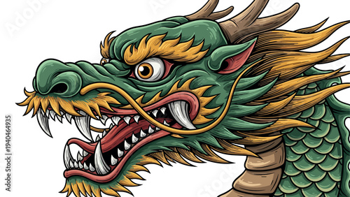 Fierce colorful dragon with detailed scales and horns in a dynamic, artistic style