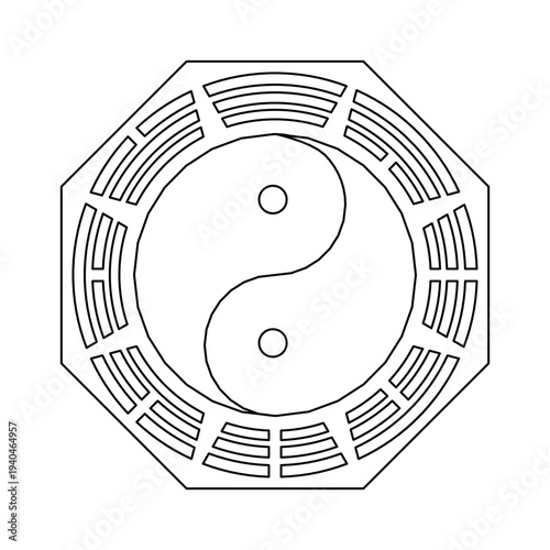 Traditional Bagua eight trigrams diagram with Five Elements symbols, ornate Chinese Feng Shui vector illustration. Five Elements symbols (metal, wood, water, fire, earth) 