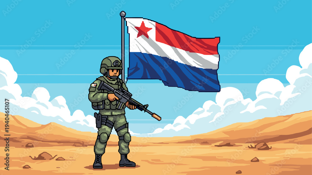 Naklejka premium Pixel art soldier with flag in desert landscape under blue sky