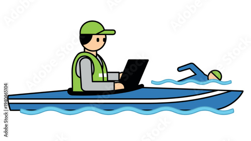 Isometric design of a lifeguard on laptop in a boat with swimmer