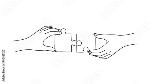 Continuous line art of two hands connecting puzzle pieces