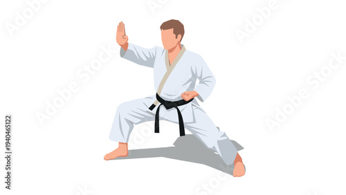 Karate practitioner in classic gi performing martial arts pose