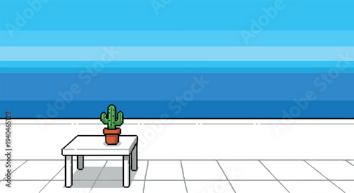 Minimalist balcony with sea view and cactus in pixel art style