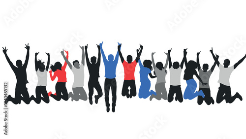 Diverse group of people jumping celebrating in silhouette style