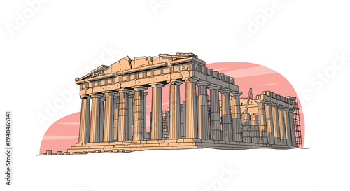 Ancient greek parthenon in linear style with warm color accents