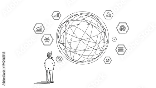 Global network concept with businessman in modern skeletal style