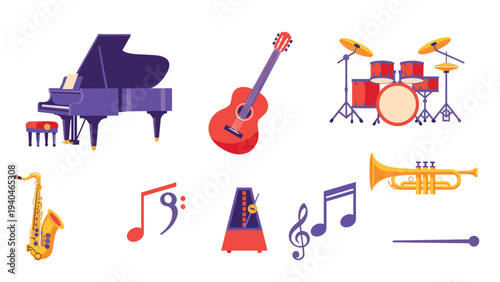 Colorful musical instruments set: piano, guitar, drums, saxophone, and symbols