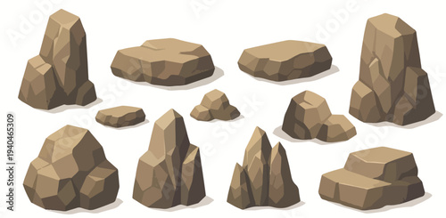 Cartoon Brown Rock Stone Set Game Asset Collection
