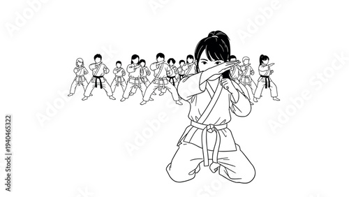 Dynamic black belt karate class: youths in action in a white background line art style