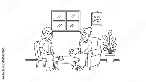 Elderly caregiver visit in cozy living room line art