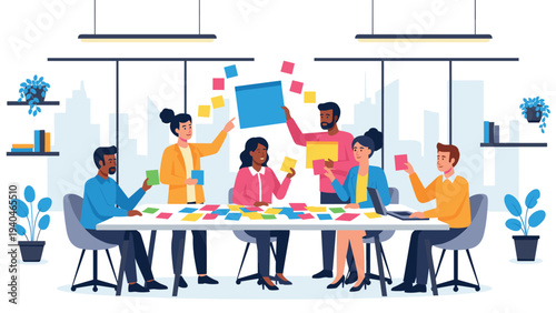 Collaborative team meeting with diverse group discussing ideas using sticky notes in modern office