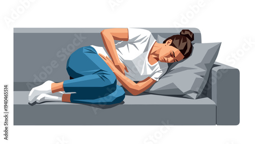 Woman resting on sofa with abdominal pain in modern flat art style