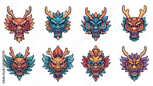 Colorful pixel art dragon heads: vibrant mythical creatures