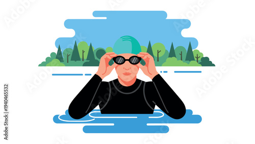 Swimmer in cap and goggles ready for open water in scenic landscape