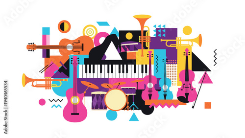 Colorful geometric music instruments collage in modern abstract style