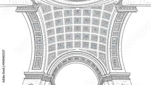 Intricate architectural ceiling with geometric patterns in linear perspective