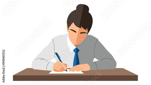 Focused professional writing at desk with blue tie and white shirt