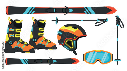 Modern flat style ski equipment set with ski boots, helmet, goggles, and poles