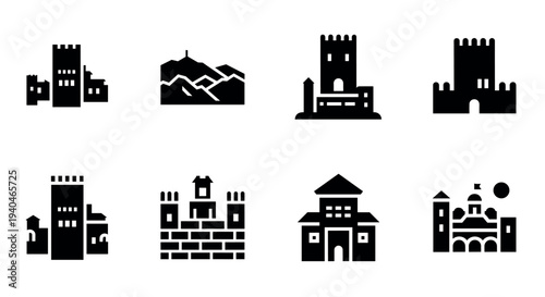 Silhouette set of ancient castles and fortresses