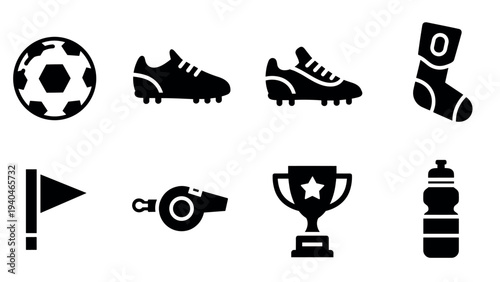 Soccer equipment icons: cleats, ball, trophy, whistle, and more in bold silhouette style