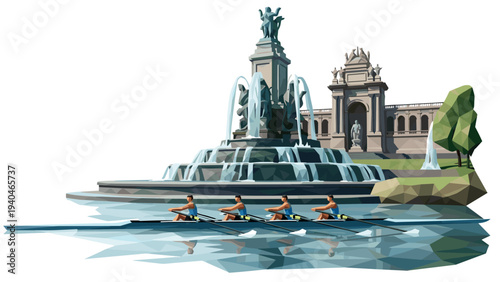 Low poly rowing team in front of iconic fountain and monument in park setting