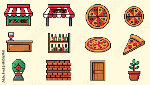 Retro pizzeria icons set featuring pizza, potted plant, wine glass, and restaurant elements in pixel art style