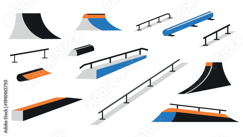 Modern skate park features: ramps, rails, half pipes in minimalistic style