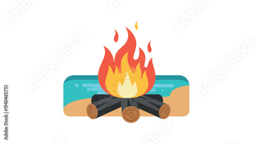 Camping bonfire by the river in flat design with vibrant flames