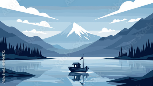 Serene mountain lake with boat and reflective water in tranquil landscape