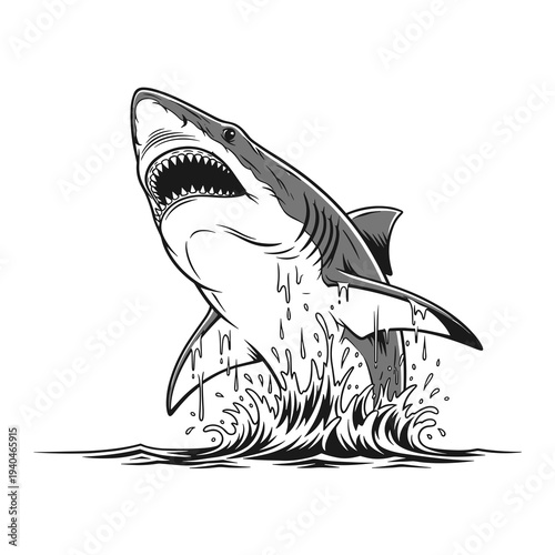 Great white shark breaching out of the ocean illustration